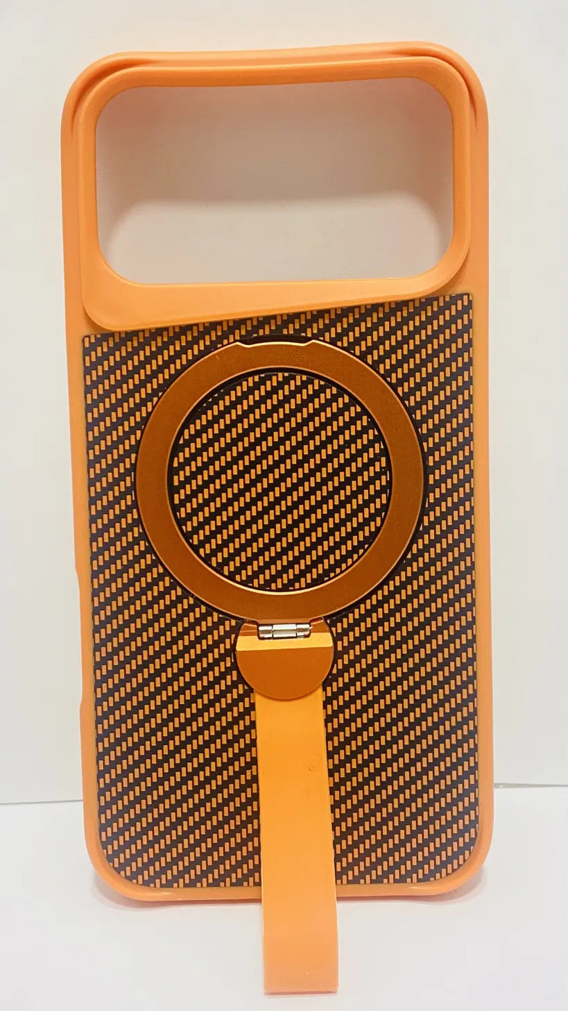 Orange MagSafe Phone Case with Kickstand Ring – Carbon Fibre Texture – iPhone 17 Pro Max