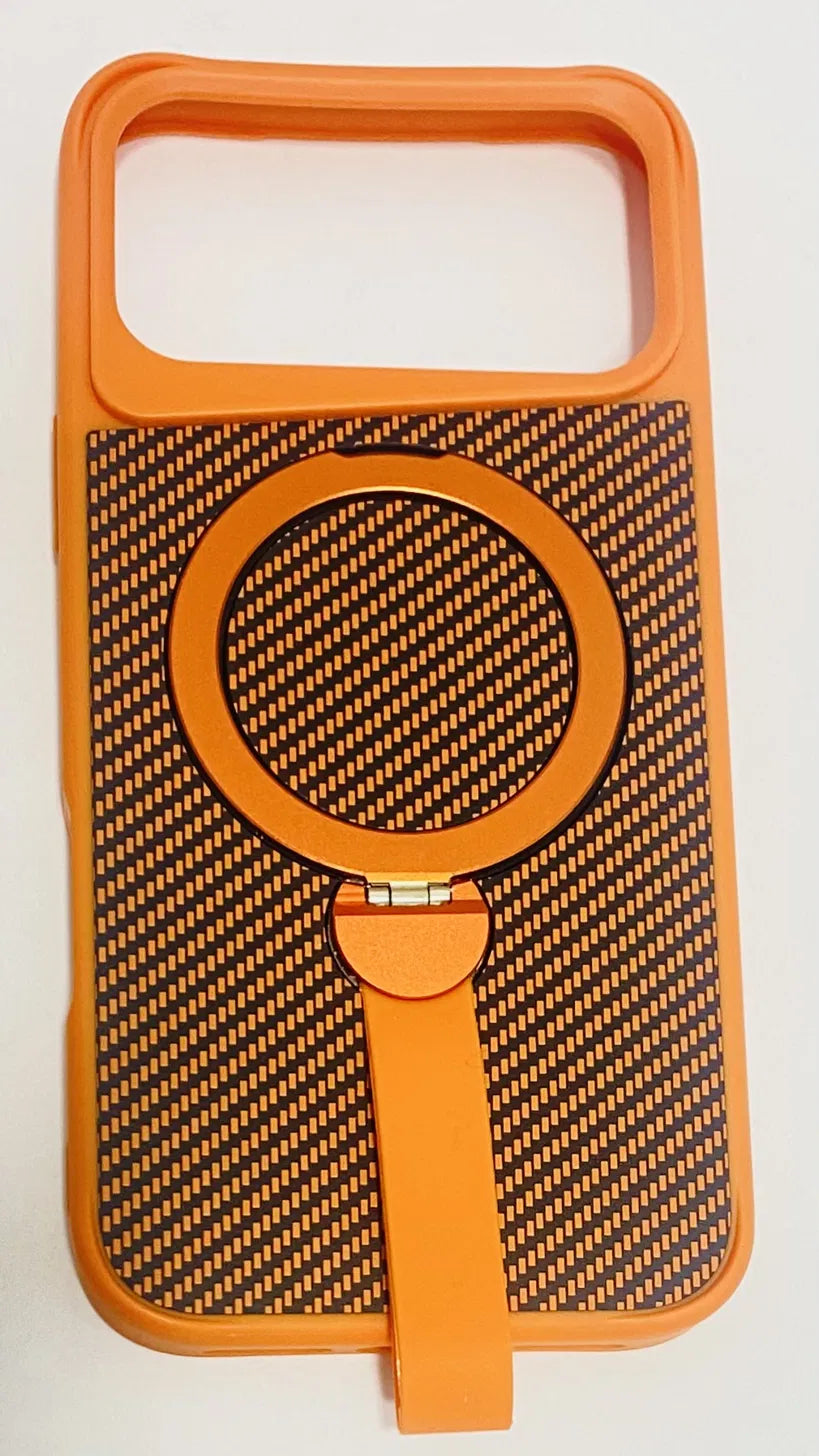 Orange MagSafe Phone Case with Kickstand Ring – Carbon Fibre Texture – iPhone 17 Pro Max