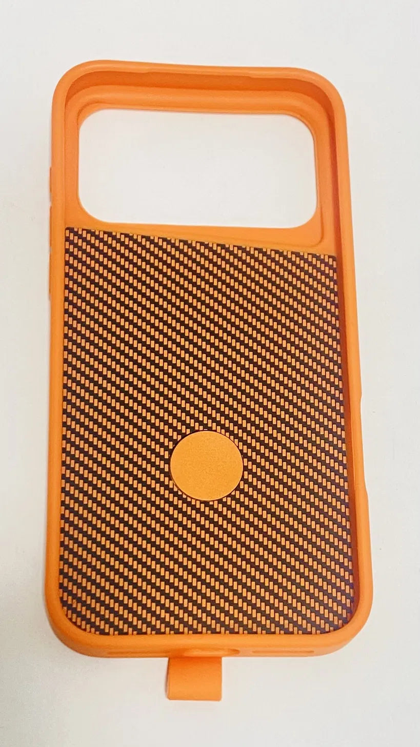 Orange MagSafe Phone Case with Kickstand Ring – Carbon Fibre Texture – iPhone 17 Pro Max