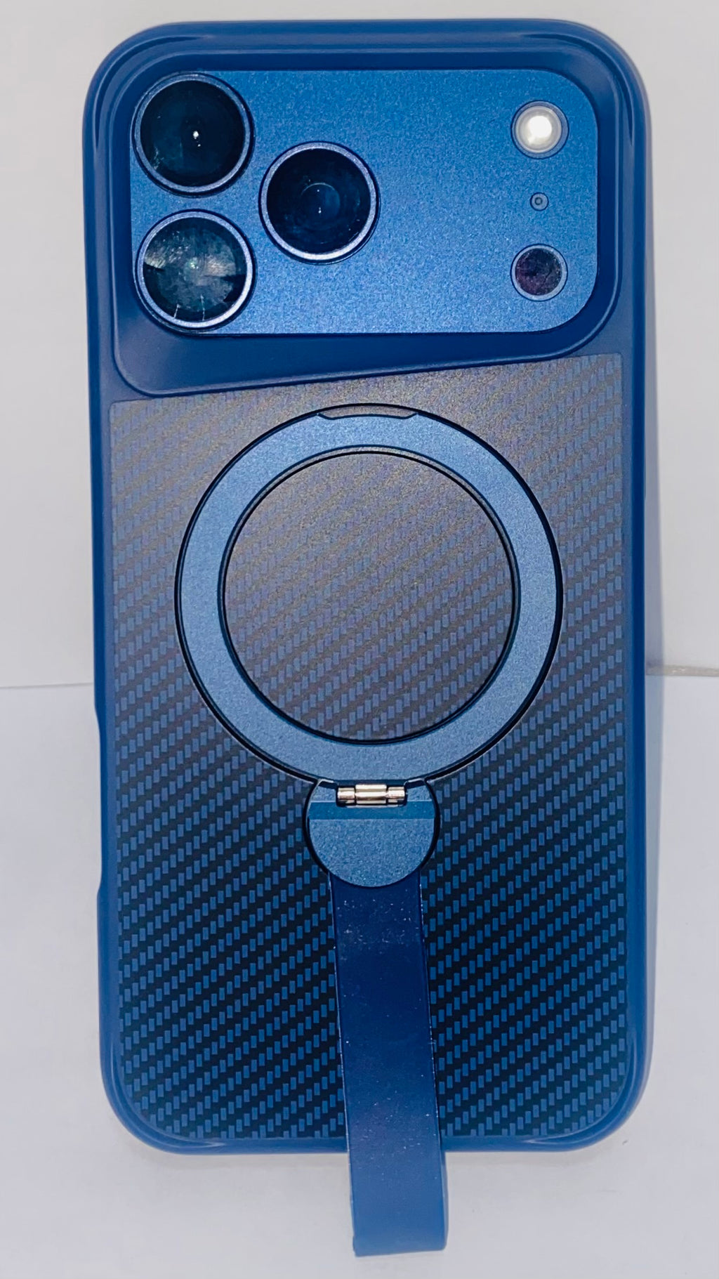 Blue Carbon Fibre iPhone 17 Pro Max case with a MagSafe ring + kickstand