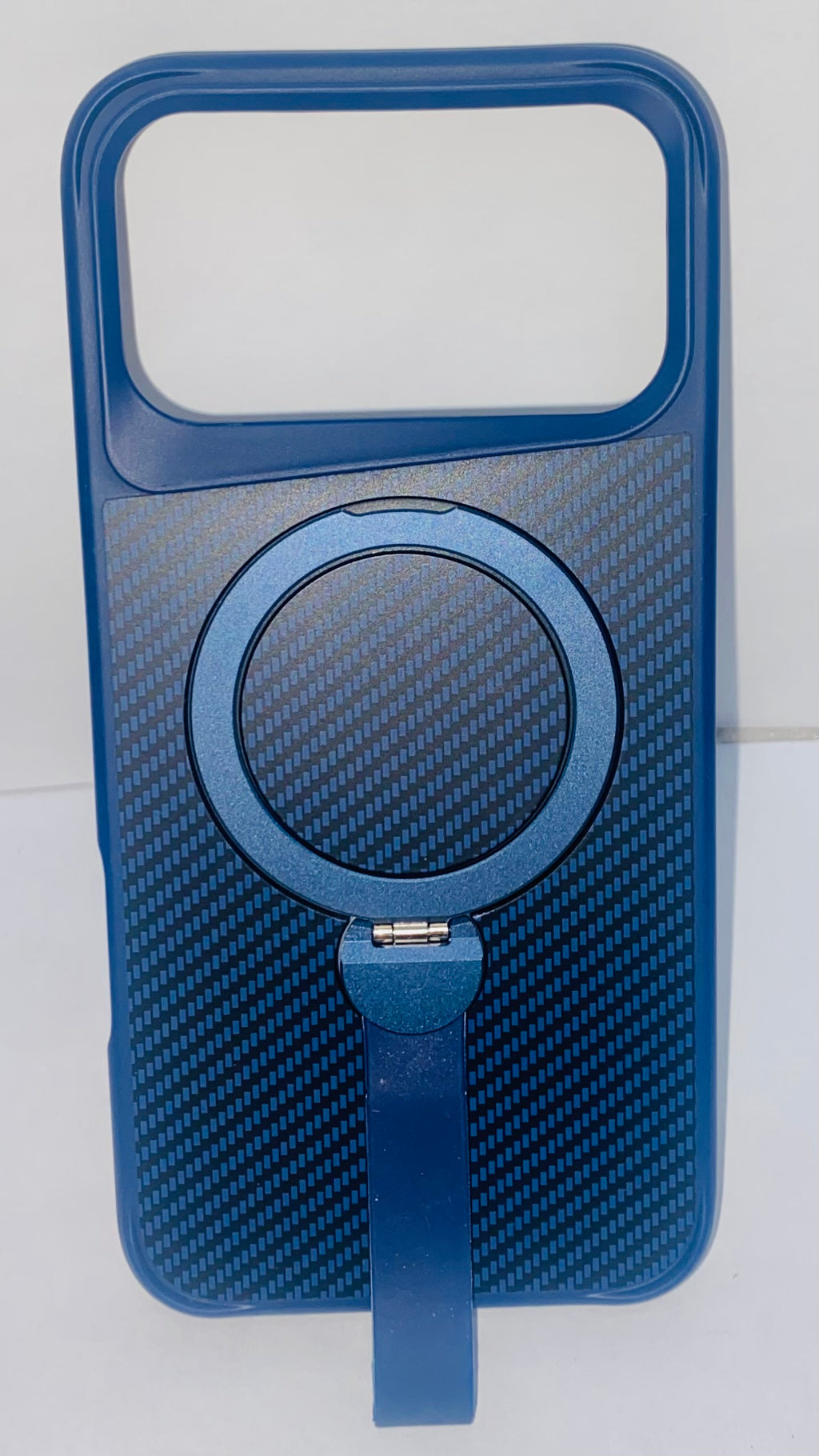 Blue Carbon Fibre iPhone 17 Pro Max case with a MagSafe ring + kickstand